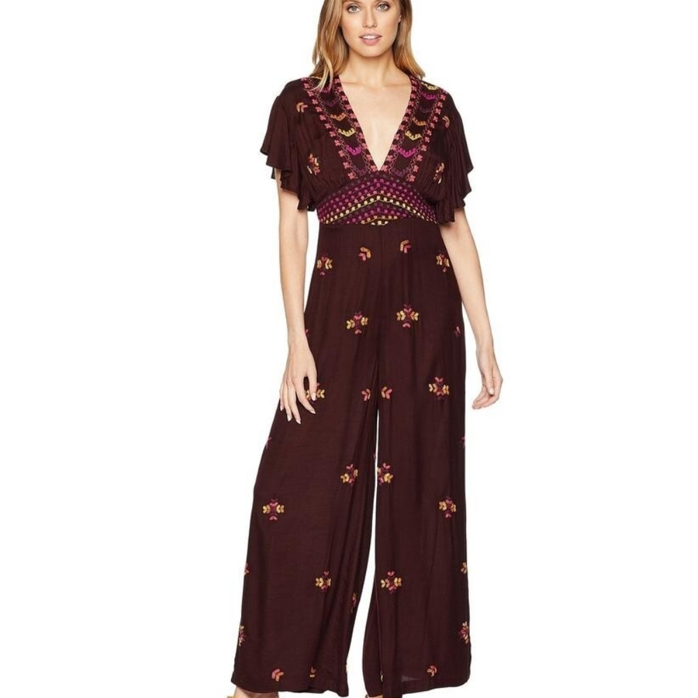Free People Plum Floral Embroidered Jumpsuit